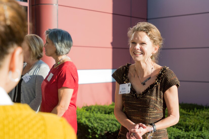 Mrs. Julie Luckey greets Mrs. Hollyanne Milley and members of her staff as they arrive at the 416th Theater Engineer Command headquarters, Darien, Ill., before the beginning of the Army Family Programs Roundtable discussion. The Roundtable discussion was a chance for spousal leadership throughout the three components of the Army to get ideas on improving the programs to meet the needs of Family readiness. Mrs. Hollyanne Milley, spouse of Chief of Staff of the United States Army, Gen. Mark Milley, represented the active Army; Mrs. Julie Luckey, spouse of Chief of Army Reserve, Lt. Gen. Charles Lucky, represented the Army Reserve; and Mrs. Danette Hayes, spouse of Adjutant General, Illinois National Guard, Maj. Gen. Richard J. Hayes Jr., represented the National Guard, November 15, 2016. (U.S. Army photo by Staff Sgt. Jason Proseus/released)