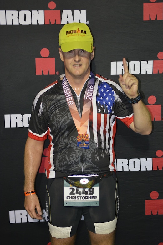 1st Sgt. Mitter of the 315th Engineer Battalion, 301st Maneuver Enhancement Brigade, at the conclusion of the Ironman triathlon in Tempe, Ariz., November 20, 2016. The Ironman is a physically demanding triathlon event consisting of a 2.4 mile swim, 112 mile bicycle race and a 26.2 mile run.