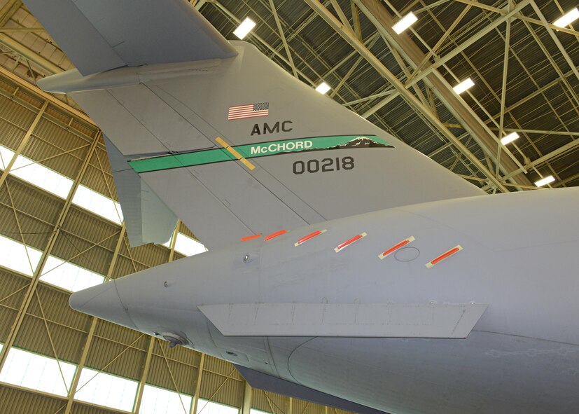 Six microvanes are bonded to each side of the aft fuselage of the test C-17 for phases three, four and five in the C-17 Drag Reduction Program managed by the Air Force Research Laboratory, Advanced Power Technology Office, and tested by the 418th Flight Test Squadron at Edwards AFB. The C-17 Globemaster III used for all five test phases is provided by Joint Base Lewis-McChord, Washington. (U.S. Air Force photo by Kenji Thuloweit)