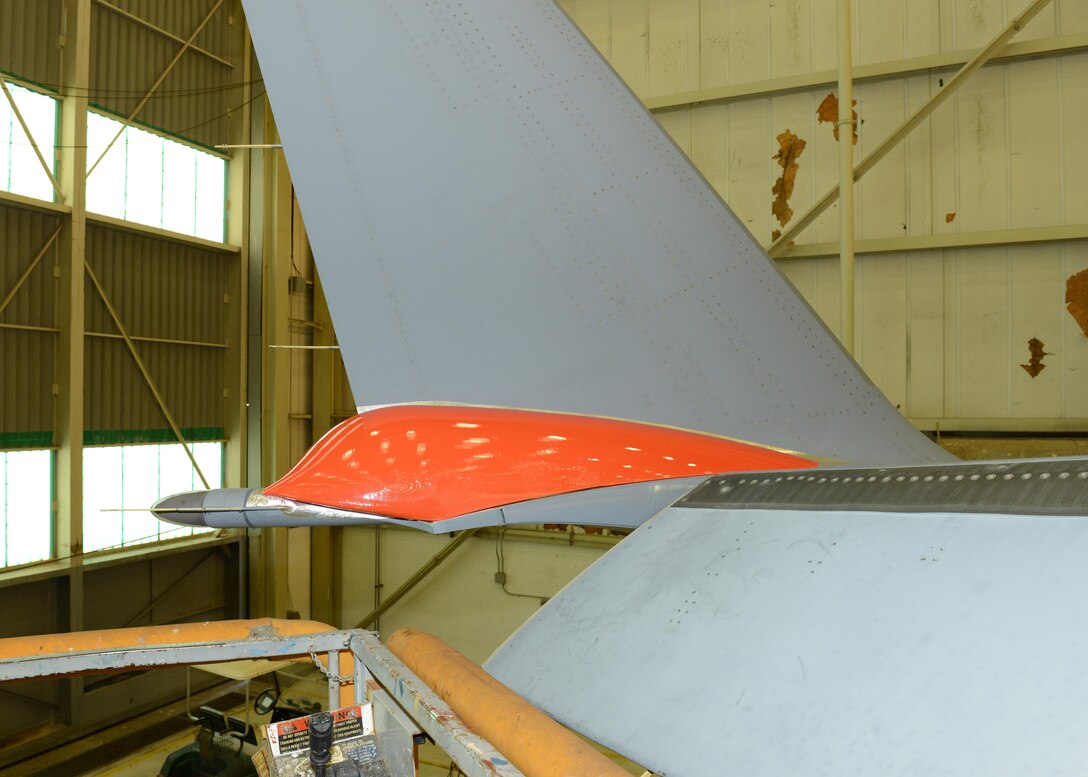 For phase five of C-17 Drag Reduction testing, two fairings will be placed on each winglet.  One winglet fairing is located at the wing to winglet transition (shown) and the other fairing is located on the upper inboard side of the winglet. The winglet fairings will be added to the six wing pylon fairings and 12 aft fuselage microvanes of the aircraft used in phase four tests. All the test articles are 3-D printed by Lockheed Martin and bonded to the aircraft by Boeing contractors. (U.S. Air Force photo by Kenji Thuloweit)
