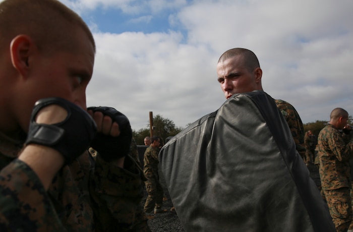 A recruit from Bravo Company, 1st Recruit Training Battalion, assumes a basic warrior stance while his partner holds a punching bag during a Marine Corps Martial Arts Program class at Marine Corps Recruit Depot San Diego, Nov. 15. The MCMAP classes teach recruits basic hand-to-hand combat techniques and instill a warrior ethos as they transform into Marines. Annually, more than 17,000 males recruited from the Western Recruiting Region are trained at MCRD San Diego. Bravo Company is scheduled to graduate Feb. 3. 