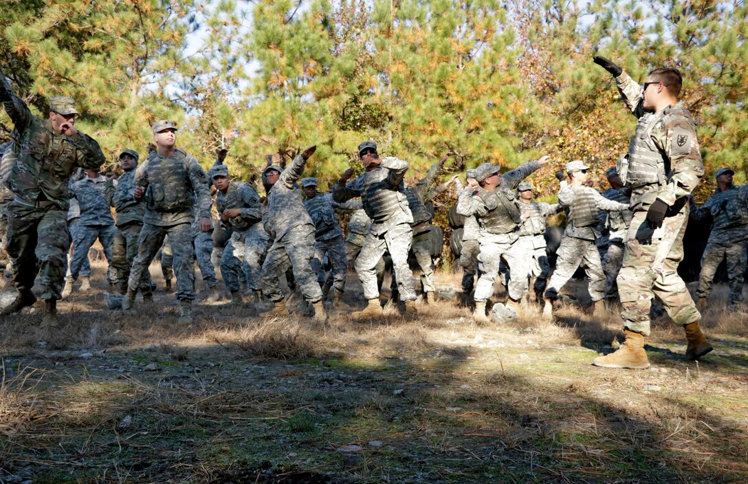 U.S. Army Sgt. Taylor Atkinson, 7th Transportation Brigade (Expeditionary) cargo specialist, briefs the company before M228 grenade training qualification at Fort Pickett, Va., Nov. 17, 2016. U.S. Army Soldiers were briefed on proper technique and safety protocols prior to conducting the live grenade qualification to ensure the safety of everyone involved. (U.S. Army photo by Spc. Wilmarys Roman Rivera) 