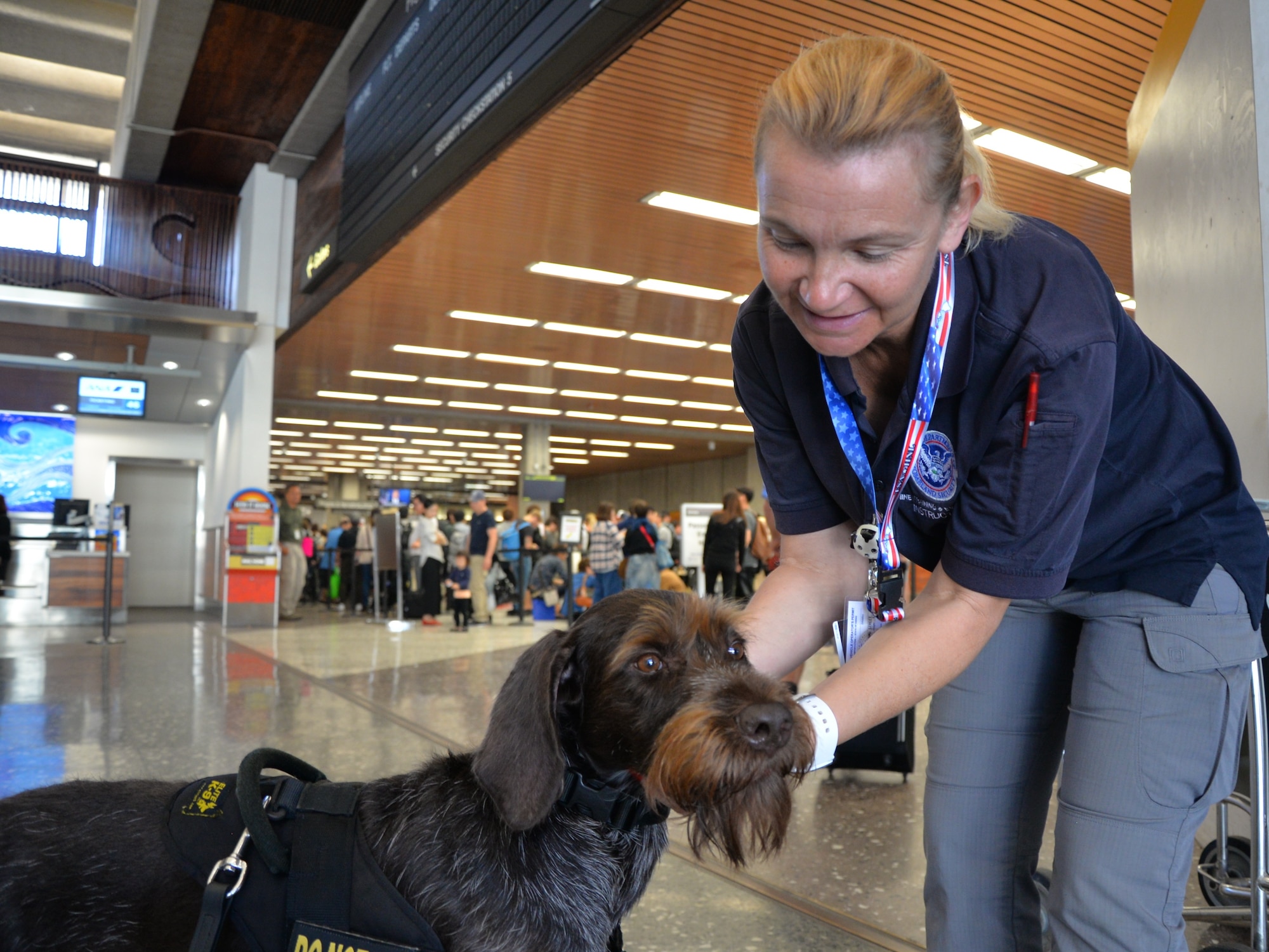 U.S. Air Force Senior Master Sgt. Tara Corse, a member of the Air Force Reserve’s 48th Aerial Port Squadron, works as the Regional K-9 training instructor at the Honolulu International Airport, Hawaii, Nov. 16, 2016. Corse’s civilian career and her position in the 48th APS correlate because they are both in the field of airport security and operations. The 48th APS supports the 624th Regional Support Group's mission to deliver mission essential capability through combat readiness, quality management and peacetime deployments in the Pacific area of responsibility.(U.S. Air Force photo by Master Sgt. Theanne Herrmann) 