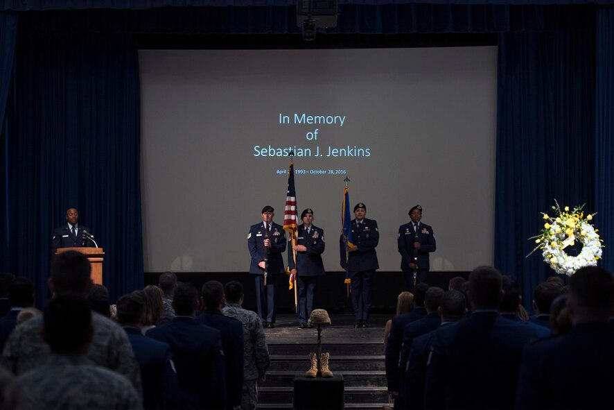 Members of the 93d Air Ground Operations Wing present the colors during a memorial service for Senior Airman Sebastian Jenkins, 822d Base Defense Squadron fire team member, on Nov. 29, 2016, at Moody Air Force Base, Ga. Jenkins passed away Oct. 28 in North Charleston, S.C., shortly after returning home from a deployment in Southwest Asia. (U.S. Air Force photo by Airman 1st Class Greg Nash)