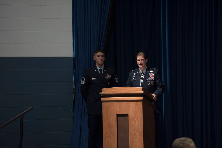Maj. Julia Jefferson, 822d Base Defense Squadron commander, gives remarks during a memorial service for Senior Airman Sebastian Jenkins, 822d BDS fire team member, on Nov. 29, 2016, at Moody Air Force Base, Ga.  Jefferson said Jenkins was a loving, caring individual who will be sorely missed and remembered by all as a loving son, brother, and warrior.  (U.S. Air Force photo by Airman 1st Class Greg Nash)