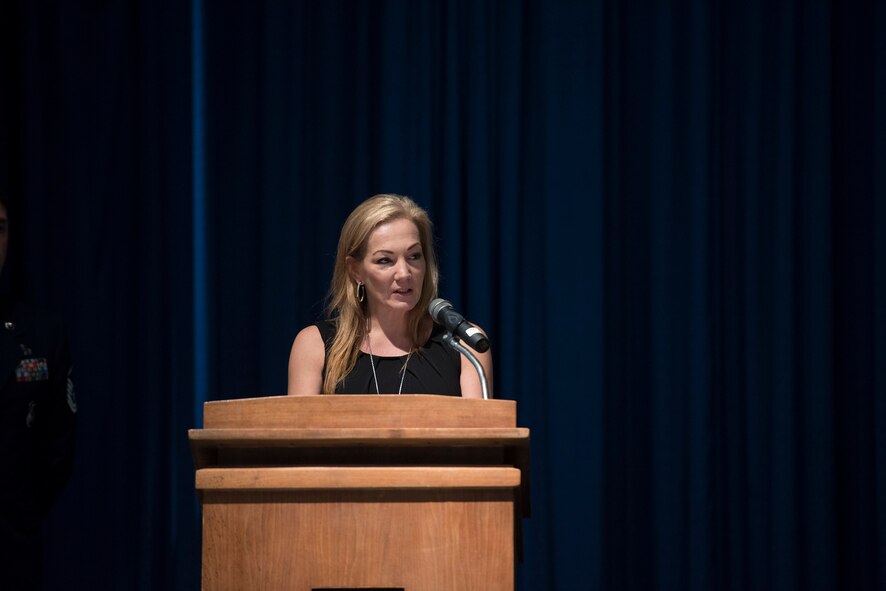 Autumn Barton, mother of Senior Airman Sebastian Jenkins, 822d Base Defense Squadron fire team member, shares memories in her son’s honor during a memorial service, Nov. 29, 2016, at Moody Air Force Base, Ga. 
Barton spoke about Jenkins’ unwavering loyalty to the 822d BDS and will mostly remember his loving and humorous demeanor. (U.S. Air Force photo by Airman 1st Class Greg Nash)

