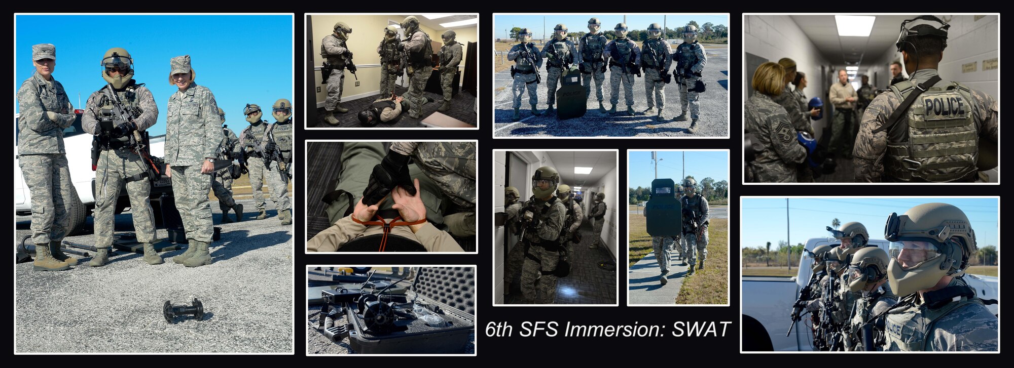 Col. April Vogel, commander of the 6th Air Mobility Wing (AMW), and Chief Master Sgt. Melanie Noel, command chief of the 6th AMW, visited the 6th Security Forces Squadron special weapons and tactical (SWAT) team during an immersion, Nov. 21, 2016 at MacDill Air Force Base, Fla. During the visit, Vogel and Noel received a brief on the mission of the SWAT team and experience first-hand training. (U.S. Air Force photo layout by Senior Airman Jenay Randolph)