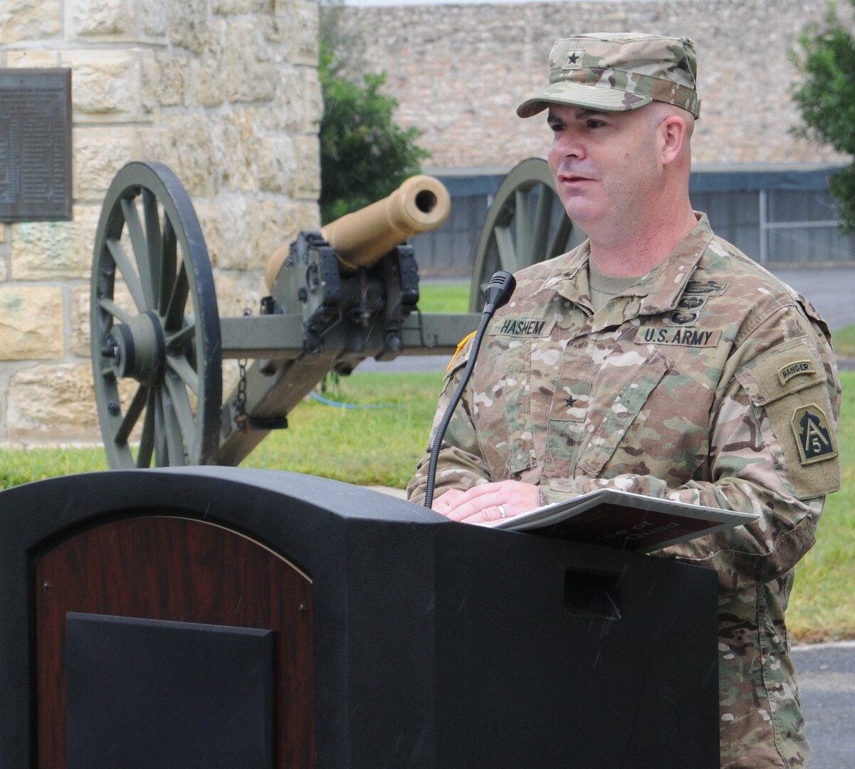 Brig. Gen. John B. Hashem gives a speech to members of Army North (Fifth Army) during a welcoming ceremony at the quadrangle at Joint Base San Antonio-Fort Sam Houston Nov. 7.
