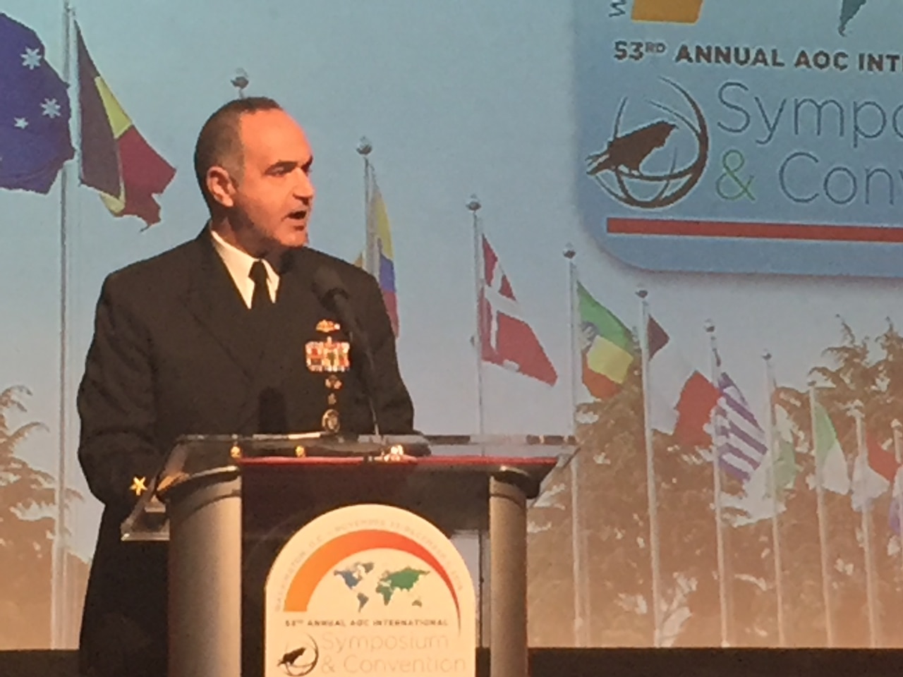 Navy Vice Adm. Charles A. Richard addresses the Defense Department’s progress in electromagnetic spectrum operations during remarks at the 53rd Annual Association of Old Crows International Symposium and Convention in Washington, Nov. 29, 2016. The event highlights critical issues related to national defense, asymmetric warfare capabilities and the electronic warfare community. DoD photo by Amaani Lyle