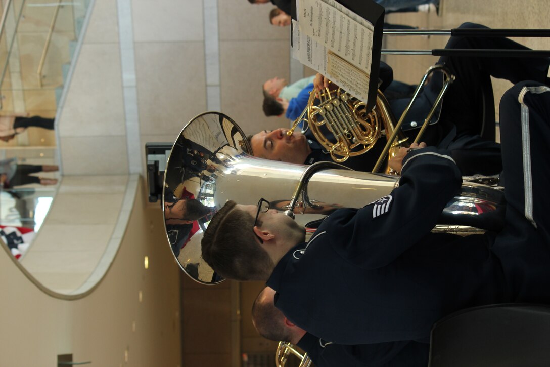 Staff Sergeant Daniel Safford, Tuba, and Technical Sergeant Jeremy Buss, French Horn, perform at the National Constitution Center in Philadelphia, PA on Veterans’ Day, November 11, 2016.  (U.S. Air Force photo by Master Sergeant Brian Stike/released)