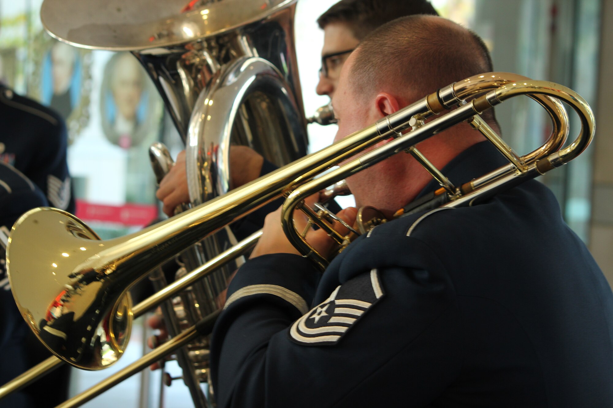 Master Sergeant Joshua Fickes, Trombone, performs at the National Constitution Center in Philadelphia, PA on Veterans’ Day, November 11, 2016.  (U.S. Air Force photo by Master Sergeant Brian Stike/released)
