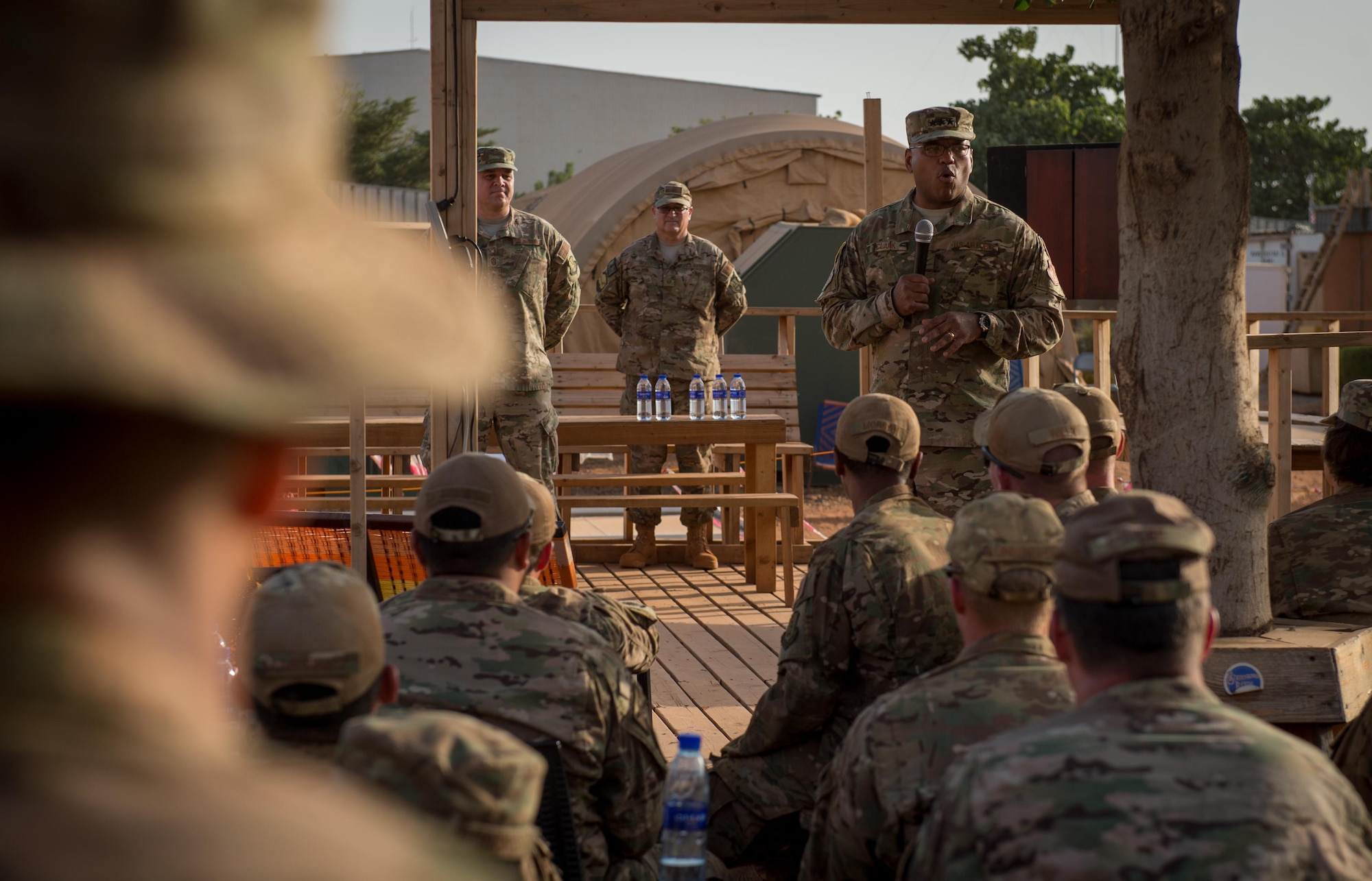 Lt. Gen. Richard Clark, 17th Expeditionary Air Force commander, speaks to Airmen from 768th Expeditionary Air Base Squadron during an all call at Air Base 101, Niamey, Niger, Nov. 23, 2016. During a three day trip, Clark visited Airmen in Europe and Africa who support the Air Force's intelligence, surveillance and reconnaissance mission. This was Clark's first visit to NAS Sigonella, Niamey and Agadez as 17th Expeditionary Air Force commander. (U.S. Air Force photo by Tech. Sgt. Ryan Crane)