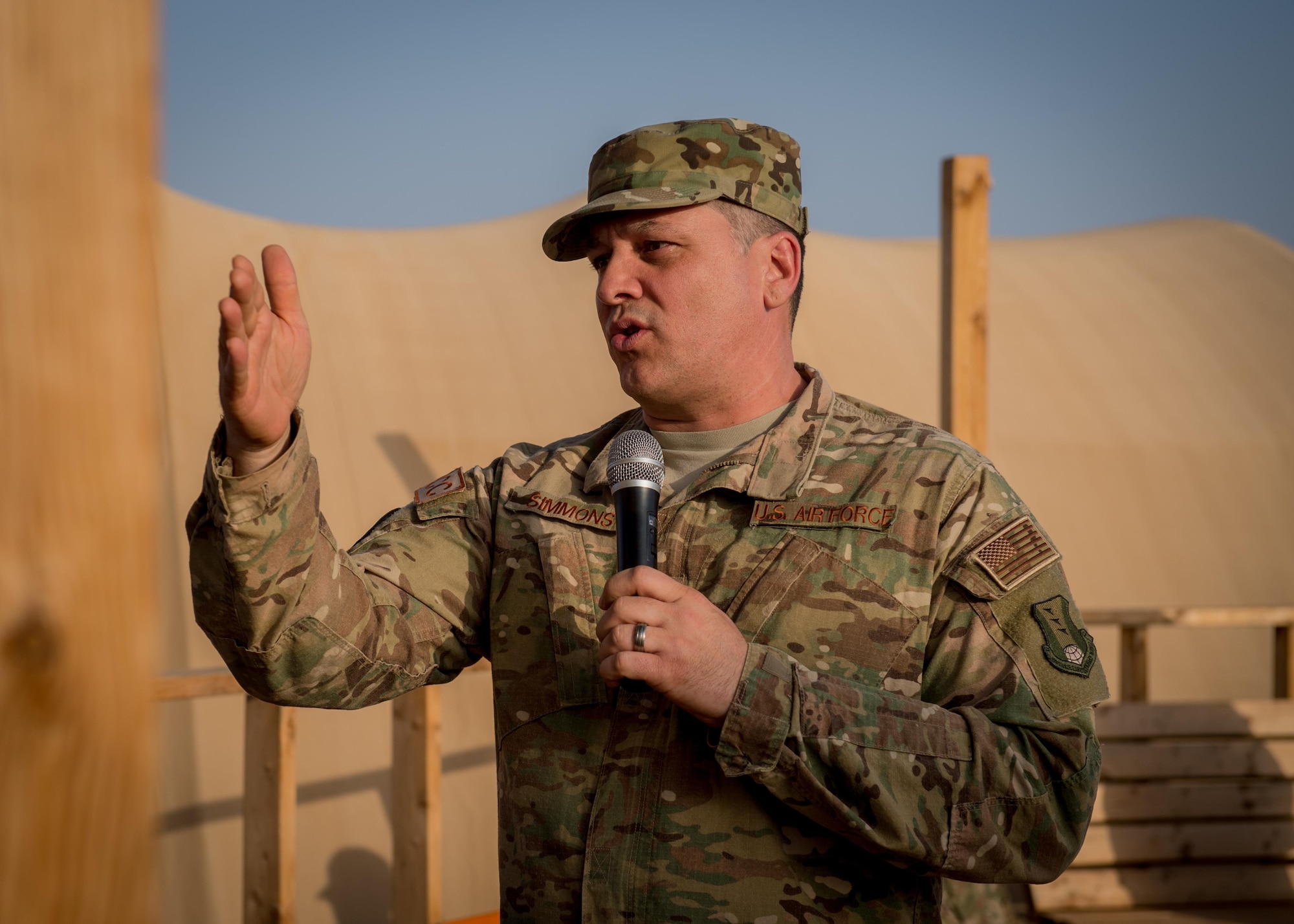 Chief Master Sgt. Samuel Simmons, 435th Air Ground Operations Wing command chief, speaks with Airmen from the 768th Expeditionary Air Base Squadron during an all call at Air Base 101, Niamey, Niger, Nov. 22, 2016. During a three day trip, Lt. Gen. Richard Clark, 17th Expeditionary Air Force commander, visited Airmen in Europe and Africa who support the Air Force's intelligence, surveillance and reconnaissance mission. This was Clark's first visit to NAS Sigonella, Niamey and Agadez as17th Expeditionary Air Force commander. (U.S. Air Force photo by Tech. Sgt. Ryan Crane)