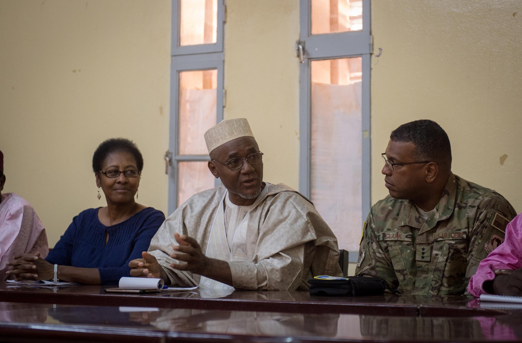Lt. Gen. Richard Clark, 17th Expeditionary Air Force commander, attends a meeting with Sadou Soloke, governor of Agadez, Niger, during a visit to Air Base 201 in Agadez, Nov. 24, 2016. During a three day trip, Clark visited Airmen in Europe and Africa who support the Air Force's intelligence, surveillance and reconnaissance mission. This was Clark's first visit to NAS Sigonella, Niamey and Agadez as 17th Expeditionary Air Force commander. (U.S. Air Force photo by Tech. Sgt. Ryan Crane)