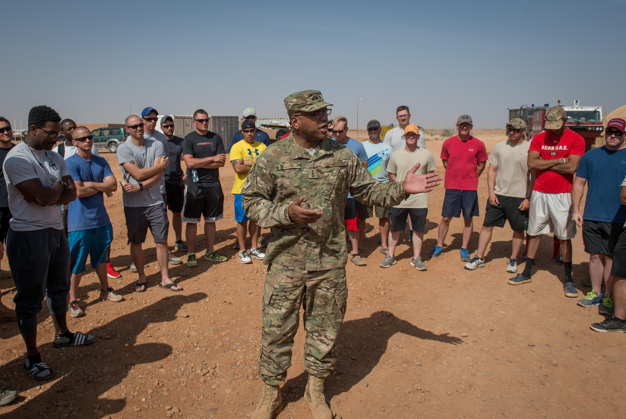 Lt. Gen. Richard Clark, 17th Expeditionary Air Force commander, speaks to Airmen assigned the 724th Expeditionary Air Base Squadron at Air Base 201 in Agadez, Niger, during a visit Nov. 24, 2016. During a three day trip, Clark visited Airmen in Europe and Africa who support the Air Force's intelligence, surveillance and reconnaissance mission. This was Clark's first visit to NAS Sigonella, Niamey and Agadez as 3rd Air Force commander. (U.S. Air Force photo by Tech. Sgt. Ryan Crane)