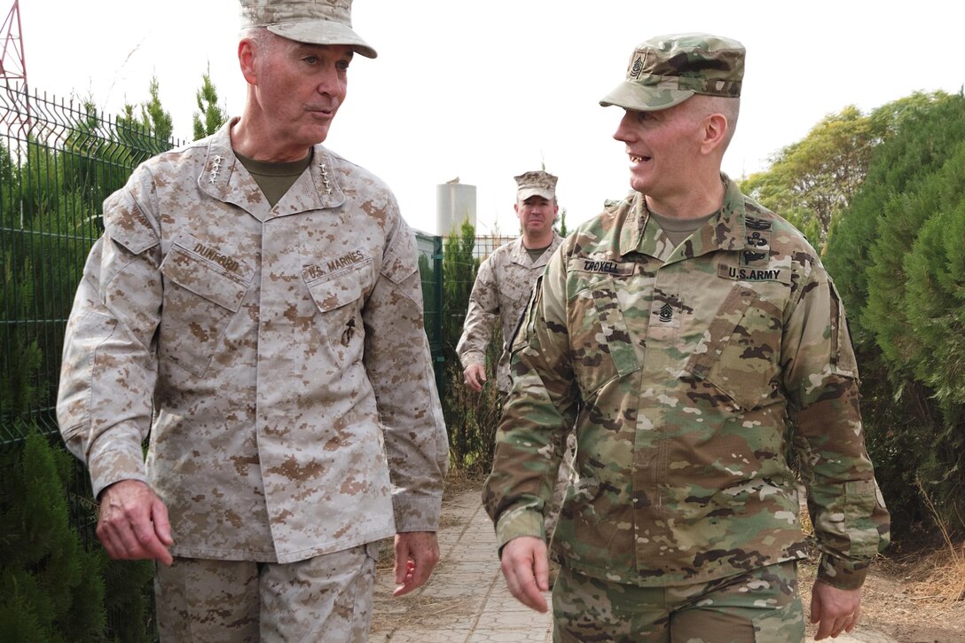 Marine Corps Gen. Joe Dunford, chairman of the Joint Chiefs of Staff, left, and Army Command Sgt. Maj. John W. Troxell, senior enlisted advisor to the chairman, in Erbil, Iraq, Nov. 10, 2016. DoD photo by D. Myles Cullen