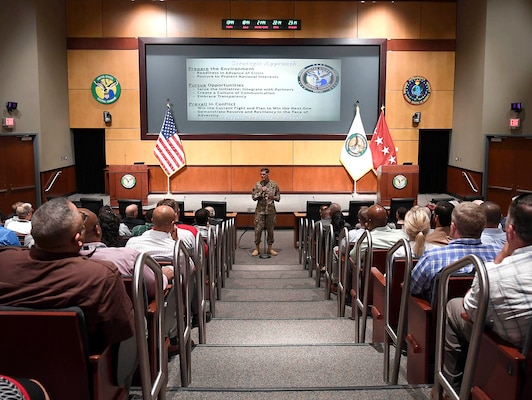 MACDILL AFB (Nov. 16, 2016) - U.S. Army General Joseph Votel, commander, U.S. Central Command meets with U.S. Air Force civilian employees to provide an overview of the CENTCOM vision, the current mission, and strategic approach during a town hall syle meeting. (U.S. Air Force photo by Tsgt Dana Flamer)