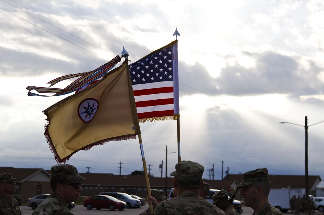 The 316th Sustainment Command (Expeditionary), an Army Reserve unit based out of Coraopolis, Pa., performs a casing of the colors and guidon prior to deploying to Kuwait at North Fort Hood, Tx., Nov. 28, 2016. (U.S. Army photo by Staff Sgt. Dalton Smith)