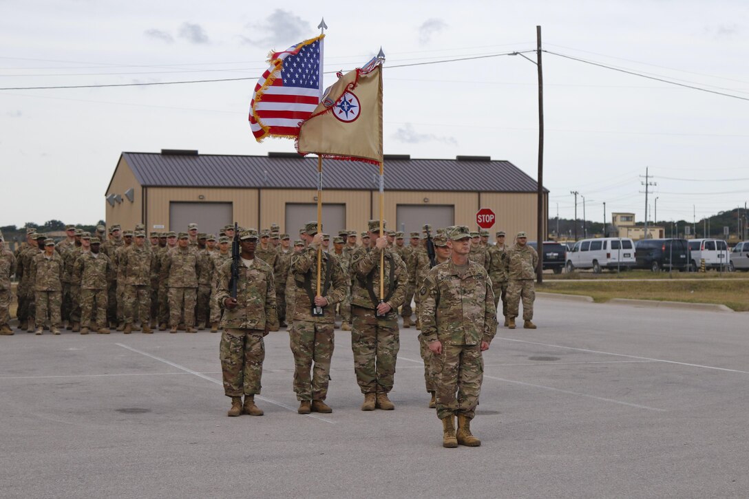 The 316th Sustainment Command (Expeditionary), an Army Reserve unit based out of Coraopolis, Pa., performs a casing of the colors and guidon prior to deploying to Kuwait at North Fort Hood, Tx., Nov. 28, 2016. (U.S. Army photo by Staff Sgt. Dalton Smith)