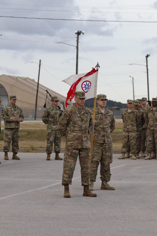 The 316th Sustainment Command (Expeditionary), an Army Reserve unit based out of Coraopolis, Pa., performs a casing of the colors and guidon prior to deploying to Kuwait at North Fort Hood, Tx., Nov. 28, 2016. (U.S. Army photo by Staff Sgt. Dalton Smith)