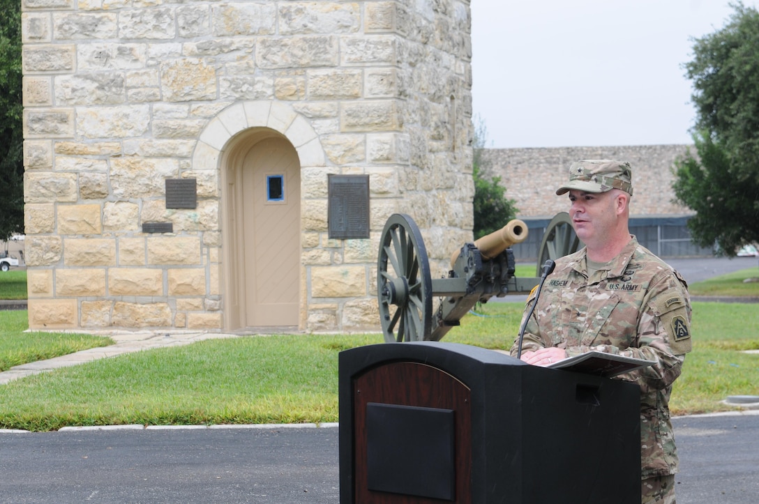 Brig. Gen. John B. Hashem gives a speech to members of Army North (Fifth Army) during a welcoming ceremony for him and his family to Fort Sam Houston and San Antonio at a welcoming ceremony held at the historic quadrangle, November 7. Hashem assumed responsibility as the Deputy Commanding General - Reserve Affairs and Director, Army Reserve Engagement Cell for Army North. He most recently served as the Special Assistant to the Chief of Army Reserve, Washington, D.C. The Army North AREC serves as a conduit to employ Army Reserve capabilities in support of Army North’s operational requirements.