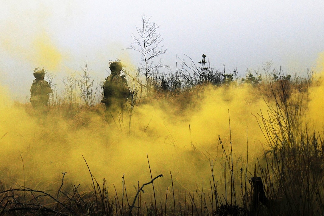 Paratroopers assault a follow-on objective through the cover of smoke during Exercise Iron Sword 2016 in Pabrade, Lithuania, Nov. 24, 2016. Army photo by Staff Sgt. Corinna Baltos