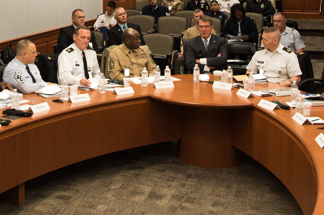 Defense Secretary Ash Carter, front row, second from right, speaks with the senior enlisted members of the military during the 2016 Defense Senior Enlisted Leader Council at the Pentagon, Nov. 30, 2016. DoD photo by Army Sgt. Amber I. Smith