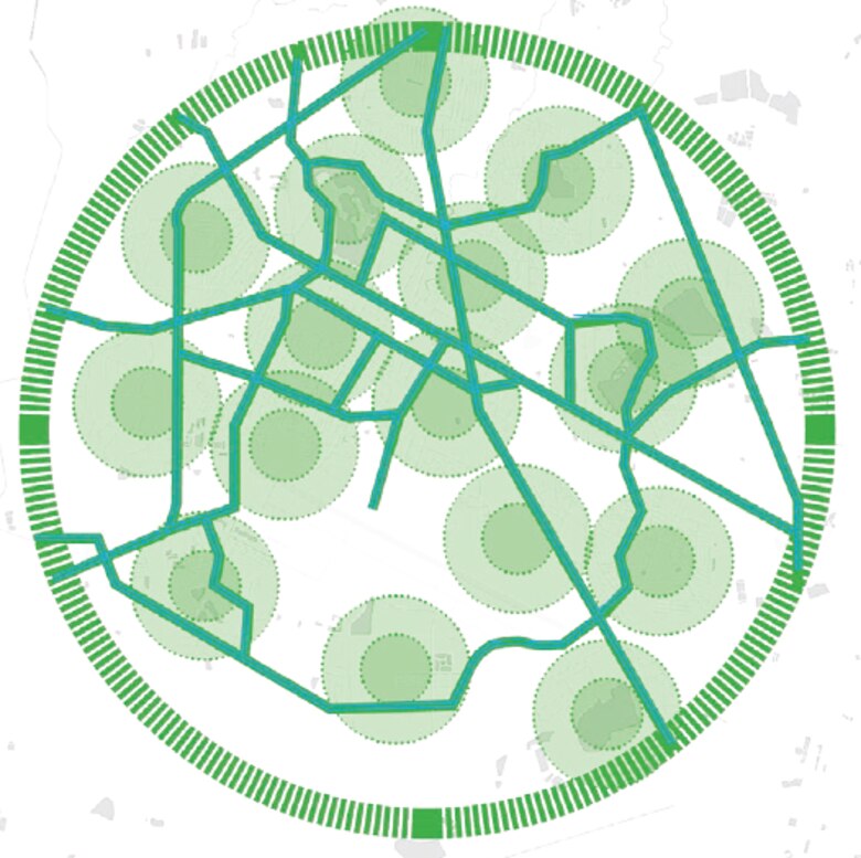 This graphic illustrates the linkage of the various canals and wetlands for a recreation green space that provides flood risk reduction functions. The system is bounded by a ring road that has existing storm water routing canals.