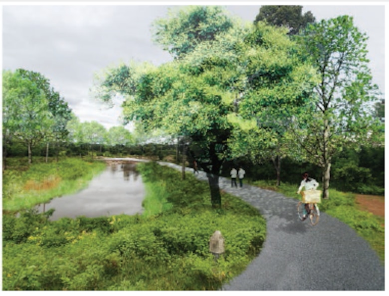 This figure shows an architectural rendering of one of the recreation / flood routing areas.
