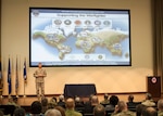 DLA Director Air Force Lt. Gen. Andy Busch hosts the inaugural town hall in the new Distribution headquarters building on Nov. 18.