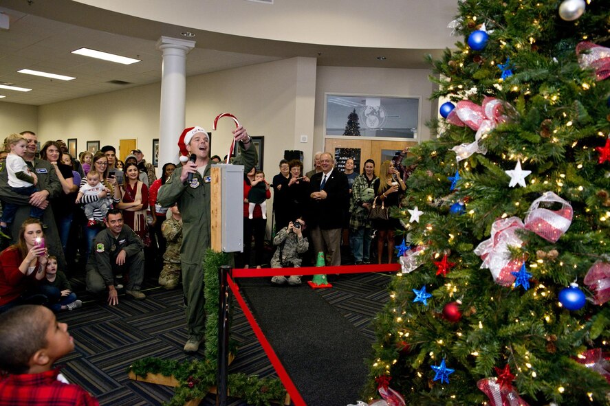 U.S. Air Force Col. Charles E. Brown Jr., commander, 19th Airlift Wing, kicks off the Holiday Season with the Base Tree Lighting & Winter Wonderland at the Walters Community Center, Nov. 29, 2016, at Little Rock Air Force Base, Ark. Hundreds of people gathered for the Base Tree Lighting & Winter Wonderland, an annual event that includes many children’s activities, storytelling by Mrs. Claus and pictures with Santa. (U.S. Air Force photo by Master Sgt. Jeff Walston/Released)     