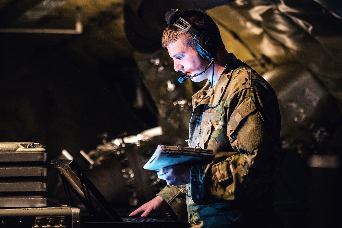 Air Force Senior Airman Kix Payne prepares a KC-135 Stratotanker for a mission over Iraq, Nov. 29, 2016. Payne is a boom operator assigned to the 340th Expeditionary Air Refueling Squadron. Air Force photo by Senior Airman Jordan Castelan