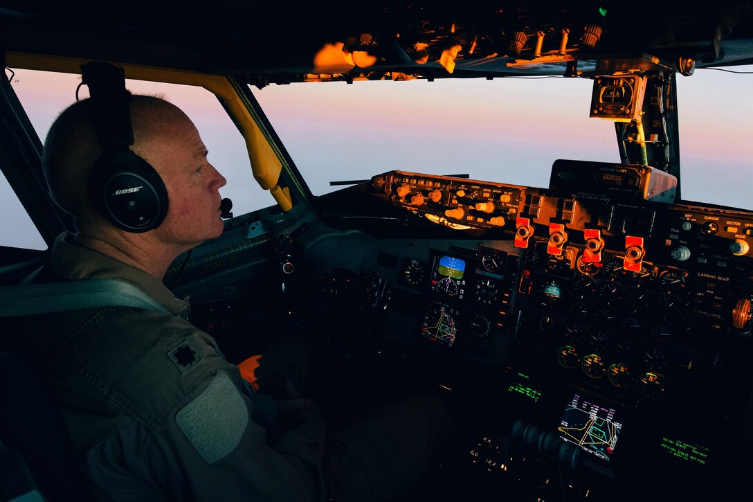 Air Force Lt. Col. John Harbour flies a KC-135 Stratotanker aircraft during a refueling mission over Iraq, Nov. 29, 2016. Harbour is assigned to the 340th Expeditionary Air Refueling Squadron. Air Force photo by Senior Airman Jordan Castelan