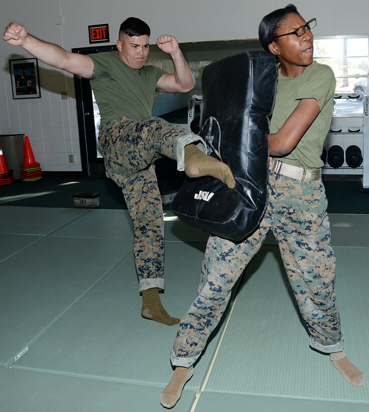 Lance Cpl. Darin Brooks, Marine Corps Martial Arts Program student, Marine Corps Logistics Base Albany, performs a roundhouse kick while Pfc. Mykerria Johnson, MCMAP student, holds a training pad during a training session at the Dojo aboard the installation, Nov. 21.