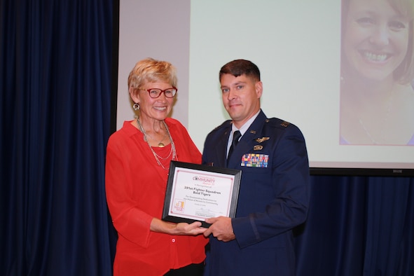 Capt. Adam Huffman, 366th Operation Squadron executive officer, receives a certificate from Katherine Hansen, Community Parthnerships of Idaho executive director, during a lucheon ceremony at Boise State University, in Boise, Idaho, Oct. 6, 2016. The 391st Fighter Squadron was nominated for the Opening Doors Award for its dedication to helping individuals with disabilities. More than 540 attendees recognized the achievements of this year's 17 nominees. (Courtesy Photo)