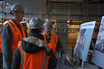 U.S. Air Force Gen. John E. Hyten (left), U.S. Strategic Command (USSTRATCOM) commander, and U.S. Air Force Chief Master Sgt. Patrick F. McMahon (right), USSTRATCOM senior enlisted leader, receive facility briefings during their tour of USSTRATCOM’s Command and Control Facility (C2F), Nov. 28, 2016 at Offutt Air Force Base, Neb. The USSTRATCOM C2F is designed to meet current mission requirements with the flexibility to expand for future mission needs. One of nine DoD unified combatant commands, USSTRATCOM has global strategic missions, assigned through the Unified Command Plan, which include strategic deterrence; space operations; cyberspace operations; joint electronic warfare; global strike; missile defense; intelligence, surveillance and reconnaissance; combating weapons of mass destruction; and analysis and targeting. (USSTRATCOM photo by Master Sgt. April Wickes)