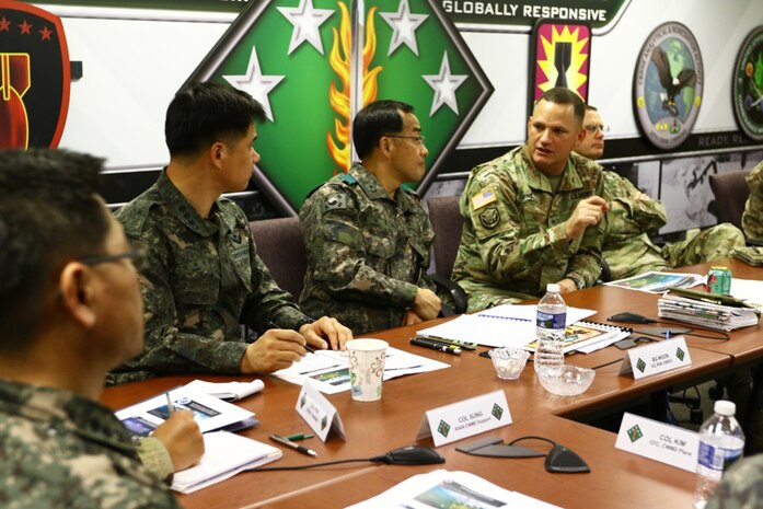 Brig. Gen. William King IV, commander of 20th Chemical Biological Radiological Nuclear and Explosives (CBRNE) Command, and Brig. Gen. Sung Joon Moon, commander of the Chemical Biological Radiological Defense Command, exchange words during a Command Overview briefing at the 20th CBRNE Headquarters in Aberdeen Proving Ground, Nov. 28. During the meeting they discussed future training venues, and according to King, the meetings will help increase the effectiveness of the capabilities on both sides. 
