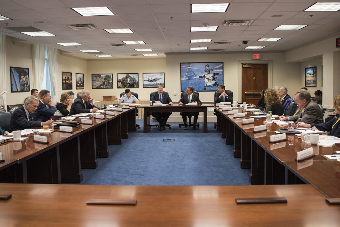 Defense Secretary Ash Carter, center right, and Deputy Defense Secretary Bob Work, center left, meet with representatives from military and veteran service organizations at the Pentagon, Nov. 30, 2016. DoD photo by Air Force Tech. Sgt. Brigitte N. Brantley