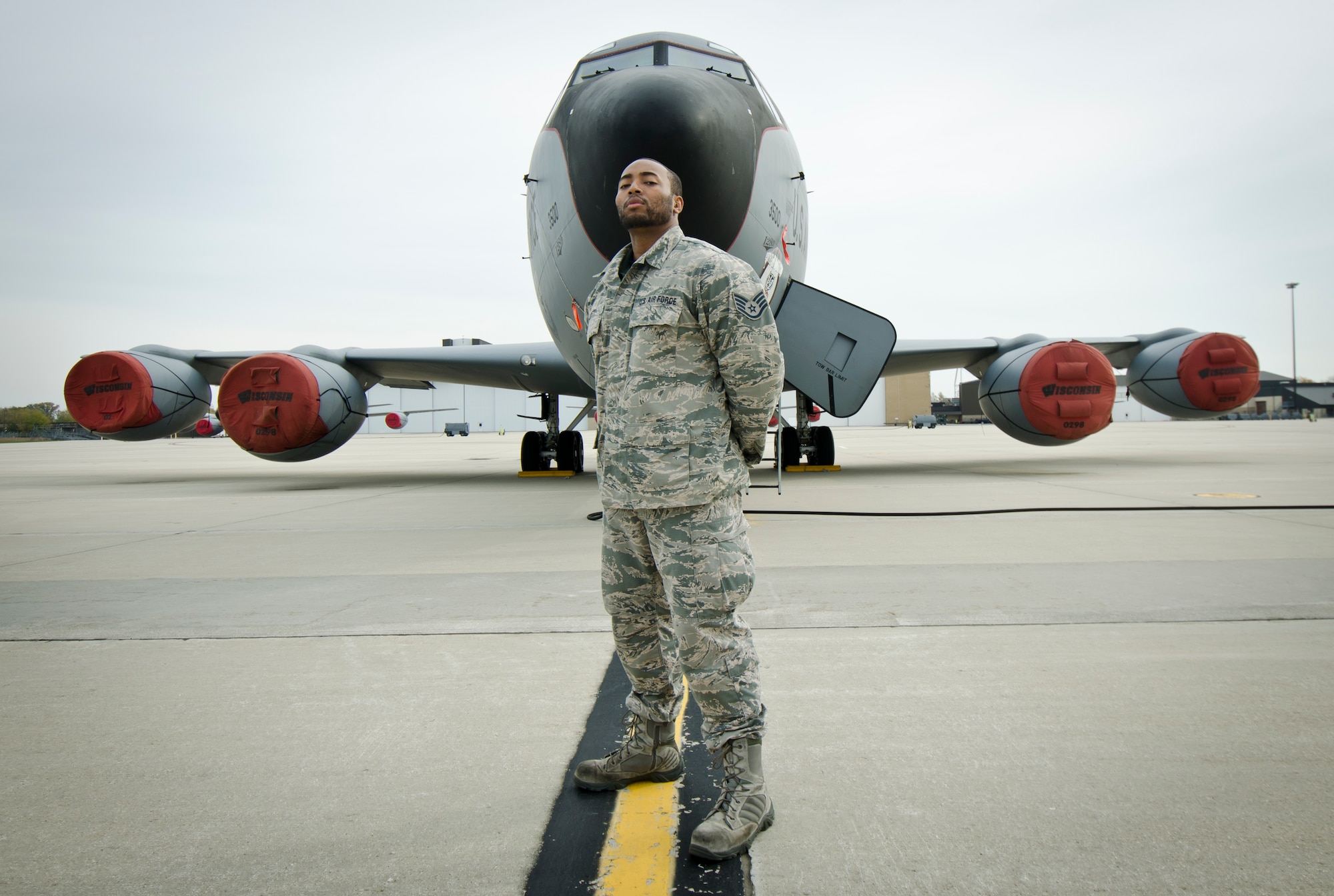Staff Sgt. Nakoa Moonblood, with the 128 ARW Aircraft Maintenance Squadron, stands for a portrait at the nose of a KC-135 Nov. 29, 2016. (U.S. Air National Guard photo by Master Sgt. Kellen Kroening, 128th Air Refueling Wing Public Affairs)