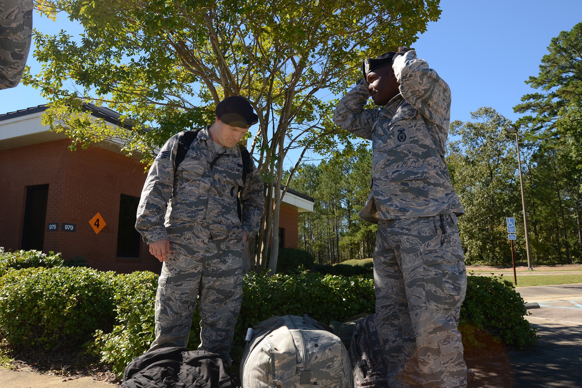 U.S. Airmen from the South Carolina National Guard's 169th Security Forces Squadron from McEntire Joint National Guard Base, S.C. prepare to relocate to St. Matthews, S.C., to assist law enforcement officers as recovery efforts from Hurricane Matthew continue, Oct. 9, 2016. Approximately 2,000 South Carolina National Guard Soldiers and Airmen have been activated since Oct. 4, 2016. Their primary mission is supporting state and county emergency management agencies and local first responders with coastal evacuations and any services or resources needed to assist the citizens of South Carolina after Governor Nikki Haley declared a State of Emergency. Hurricane Matthew peaked as a Category 4 hurricane in the Caribbean and was projected to pass along the S.C. coast. (U.S. Air National Guard photo by Airman 1st Class Megan Floyd)