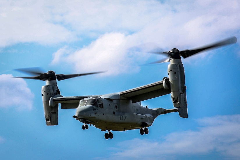 A U.S. Marine Corps MV-22B Osprey take flight after a static display presented by Marines of the 31st Marine Expeditionary Unit to Republic of Korea Marines and sailors on Camp Hansen, Okinawa, Japan, Nov.30, 2016. 31st MEU Marines continue to participate in events with their ROK counterparts to strengthen interoperability and partnerships. (U.S. Marine Corps photo by Lance Cpl. Jorge A. Rosales/released)