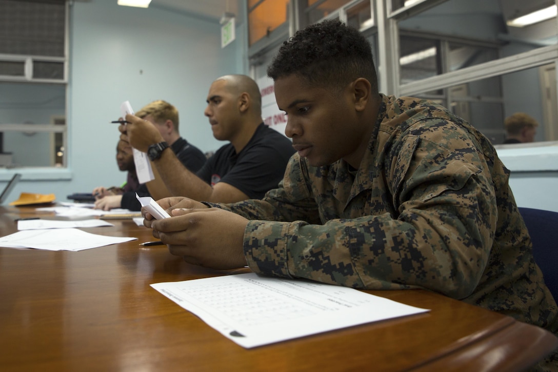 Students study Japanese characters during a Survival Japanese Language Class Nov. 29 on Marine Corps Air Station Futenma, Okinawa, Japan. The class provided students with the opportunity to learn to speak, read and write basic Japanese words, phrases and characters. The lesson covered the three basic Japanese forms of writing called hiragana, katakana and kanji. (U.S. Marine Corps photo by Cpl. Janessa K. Pon)