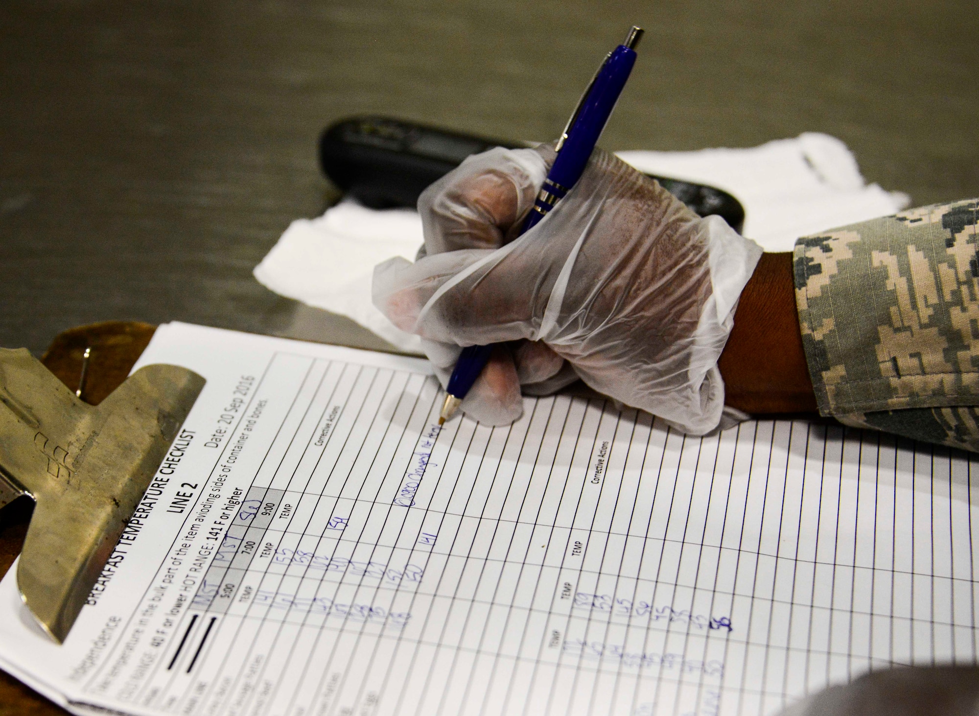 Airman 1st Class Shanette Whitehead, 379th Expeditionary Force Support Squadron service journeyman, records the food temperature on a temperature check sheet in the Independence Dining Facility Sept. 20, 2016, at Al Udeid Air Base, Qatar. Service journeymen are required to conduct temperature checks every two hours and record any corrective actions that were taken when they find food at an improper temperature. (U.S. Air Force photo/Senior Airman Janelle Patiño/Released)