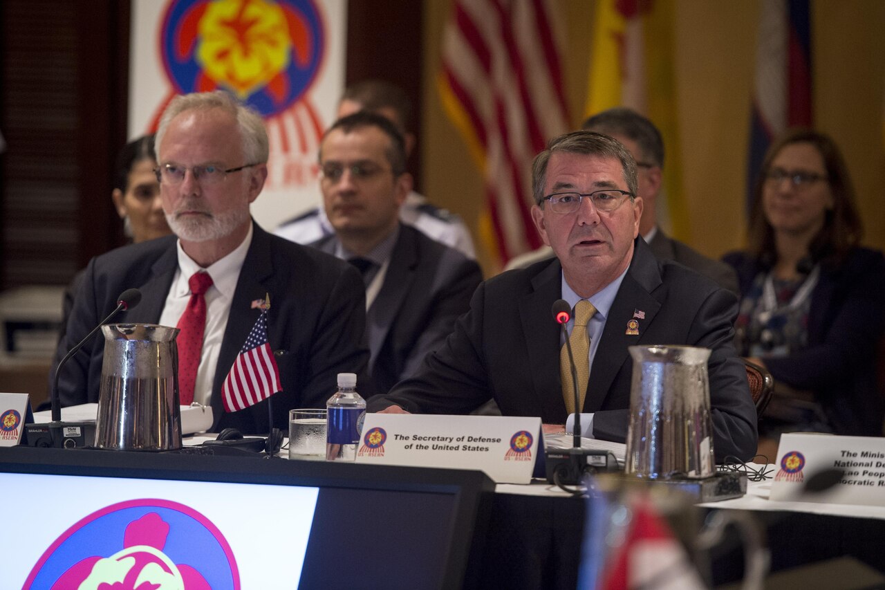 Defense Secretary Ash Carter provides opening remarks at the U.S.-Association of Southeast Asian Nations defense forum, in Kapolei, Hawaii, Sept. 30, 2016. DoD photo by Air Force Tech. Sgt. Brigitte N. Brantley