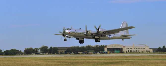 B-29 Superfortress, Doc, takes off Oct. 1, 2016, McConnell AFB, Kans. After more than 16 years of restoration, Doc flew for the first time in approximately 60 years in July 2016.