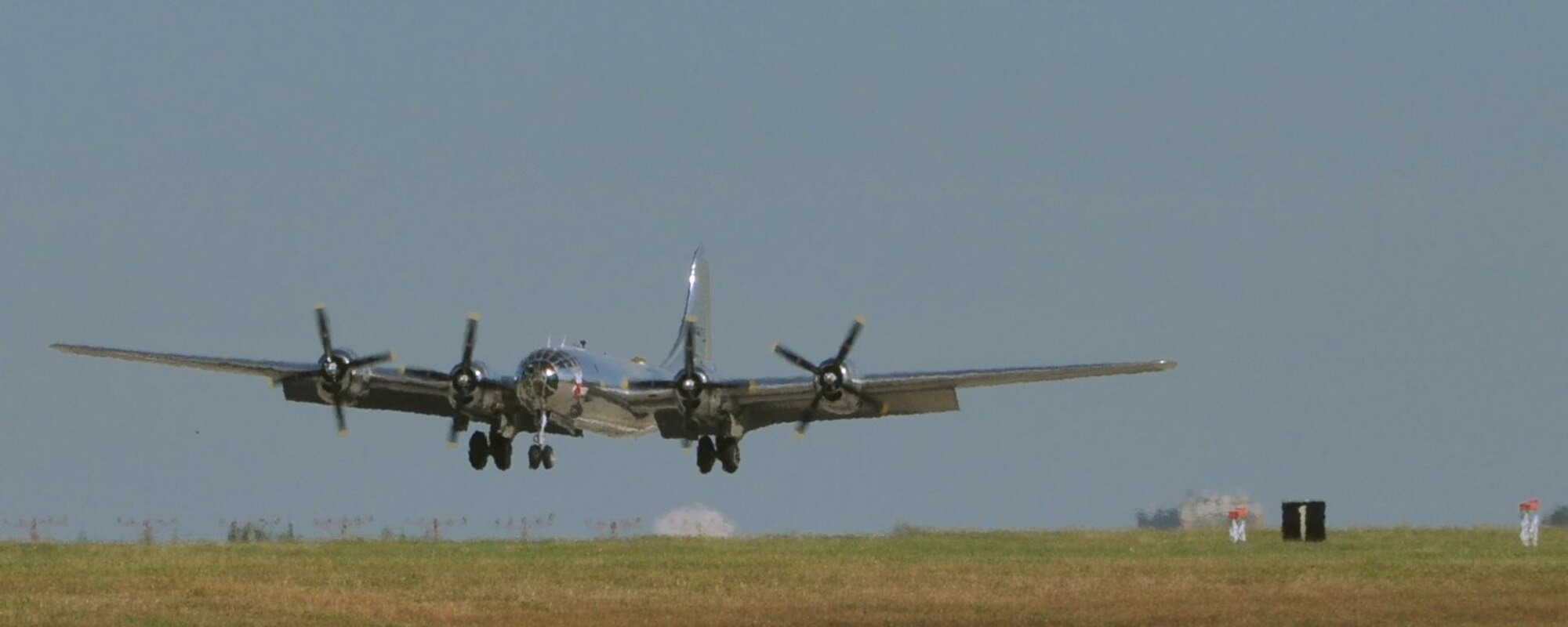 B-29 Superfortress, Doc, lands Oct. 1, 2016, McConnell AFB, Kans. The aircraft's heritage can be traced back to the 22nd Bombardment Group, which flew the aircraft during the Korean War. (U.S. Air Force photo by Senior Airman Preston Webb)