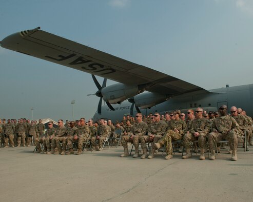 Airmen from across the 455th Air Expeditionary Wing gathered to remember the lives lost during the TORQE 62 remembrance ceremony, Bagram Airfield, Afghanistan, Oct. 2, 2016. On Oct. 2, 2015 TORQE 62 crashed during takeoff at Jalalabad Airfield, Afghanistan resulting in six Airmen losing their lives. (U.S. Air Force photo by Capt. Korey Fratini)