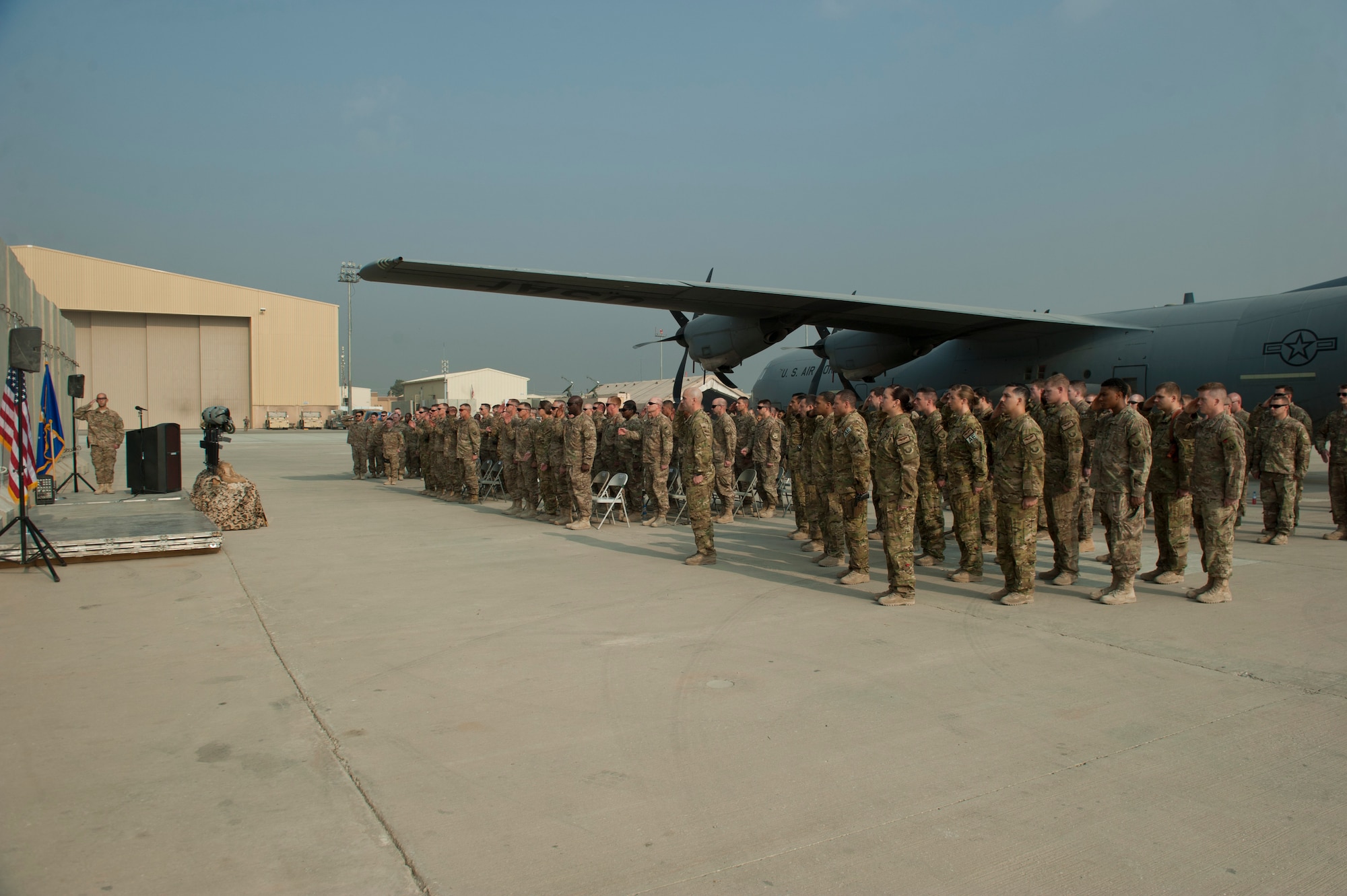 Airmen from across the 455th Air Expeditionary Wing gathered to remember the lives lost during the TORQE 62 remembrance ceremony, Bagram Airfield, Afghanistan, Oct. 2, 2016. On Oct. 2, 2015 TORQE 62 crashed during takeoff at Jalalabad Airfield, Afghanistan resulting in six Airmen losing their lives. (U.S. Air Force photo by Capt. Korey Fratini)