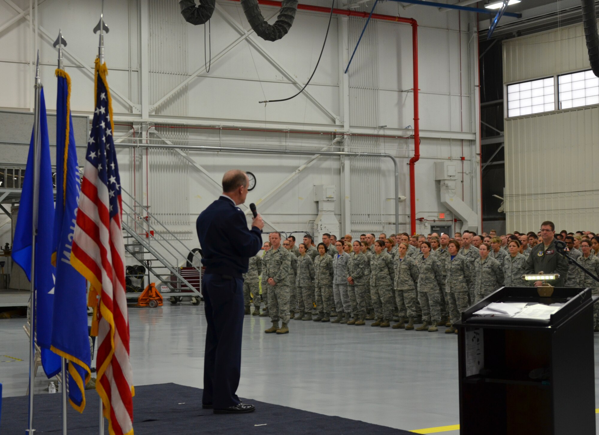 Major General Donald P. Dunbar, Adjutant General of the Wisconsin National Guard, addresses the Airmen of 128th Air Refueling Wing during a formal ceremony presenting the Air Force Outstanding Unit Award Oct. 2, 2016 at General Mitchell Airfield, Milwaukee. This award marks the seventh time the 128 ARW has received the AFOUA in recognition of distinguished meritorious service from Oct. 1, 2014 through Sept. 30, 2015. (Air National Guard photo by Tech. Sgt. Meghan Skrepenski, 128 ARW Public Affairs/Released)