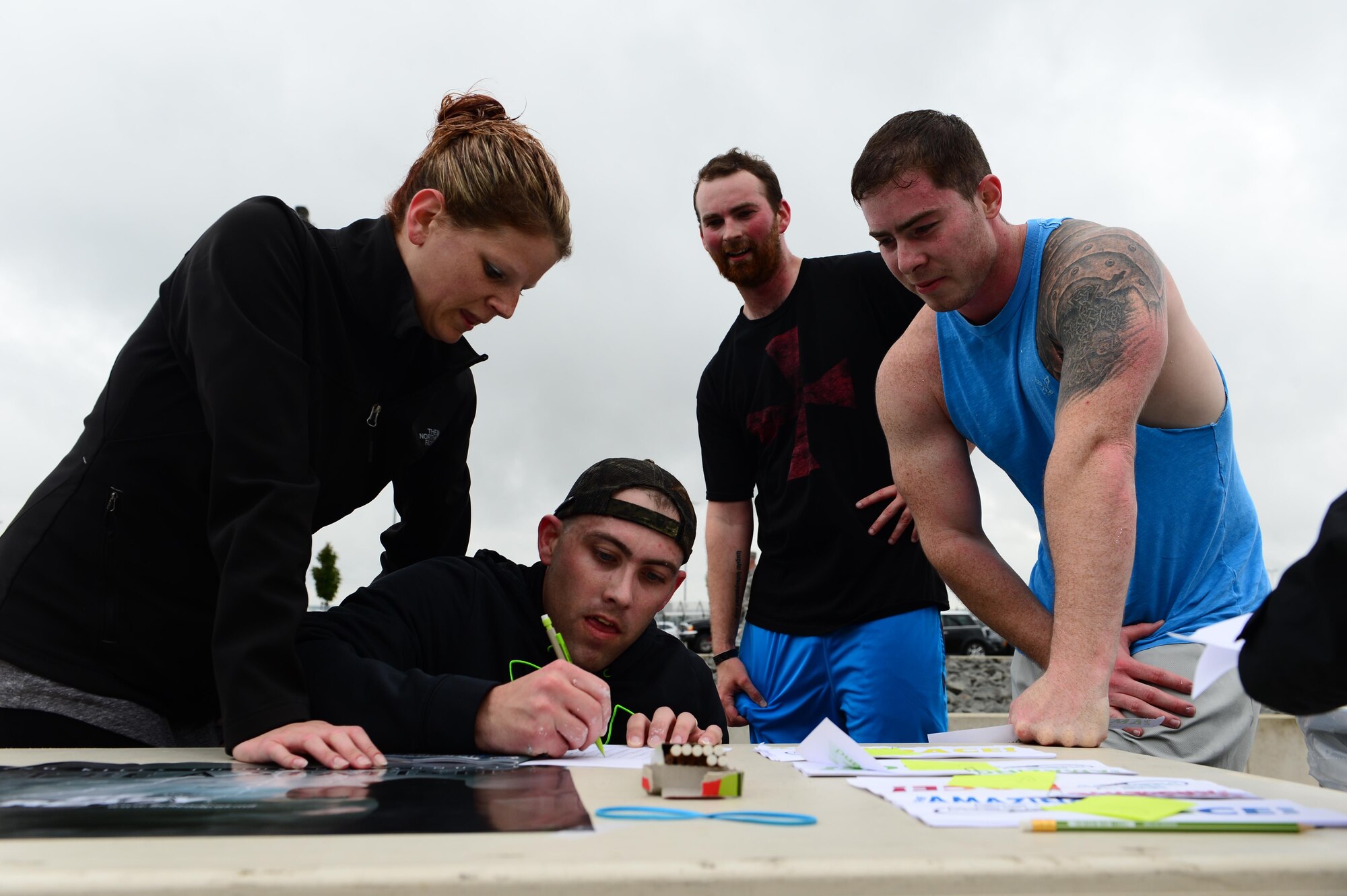 52nd Fighter Wing Airmen compete in a challenge as part of The Amazing Be Ready Race recognizing National Preparedness Month at Spangdahlem Air Base, Germany, Sept. 30, 2016. This is the first challenge of it's kind at Spangdahlem to better prepare Airmen for disasters and emergency situations. (U.S. Air Force photo by Senior Airman Joshua R. M. Dewberry)